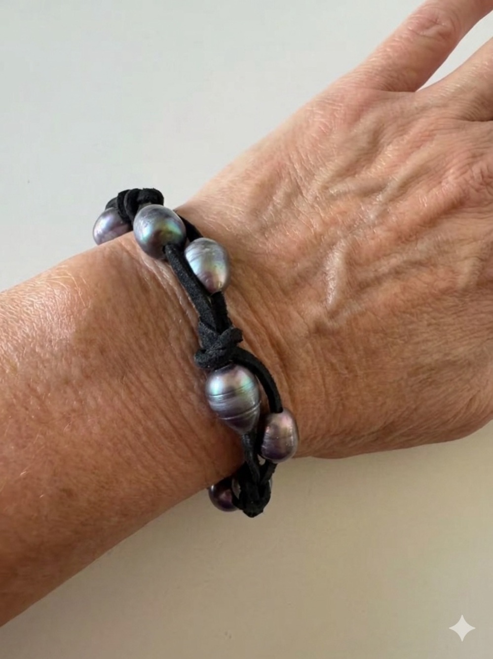 Sundance Black Suede Knot Bracelet with Iridescent Tahitian Style Pearls NEW